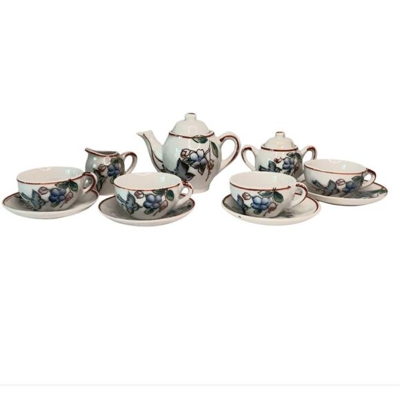 VTG Japanese Miniature Child's Tea Set Porcelain Blue Birds & Flowers 13 Pieces - Picture 2 of 16